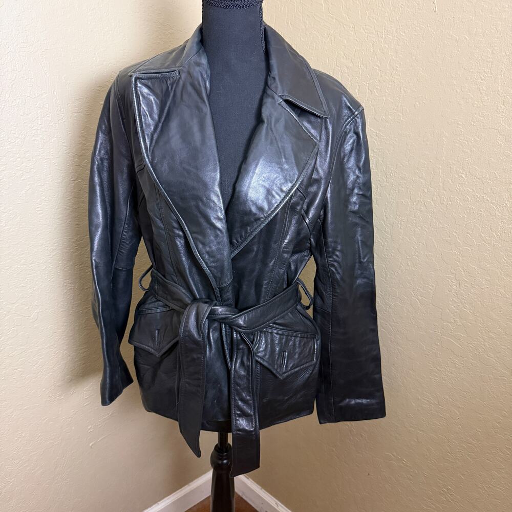 Siena Studio Black Leather Belted Jacket Women’s Size S Soft Leather Coat